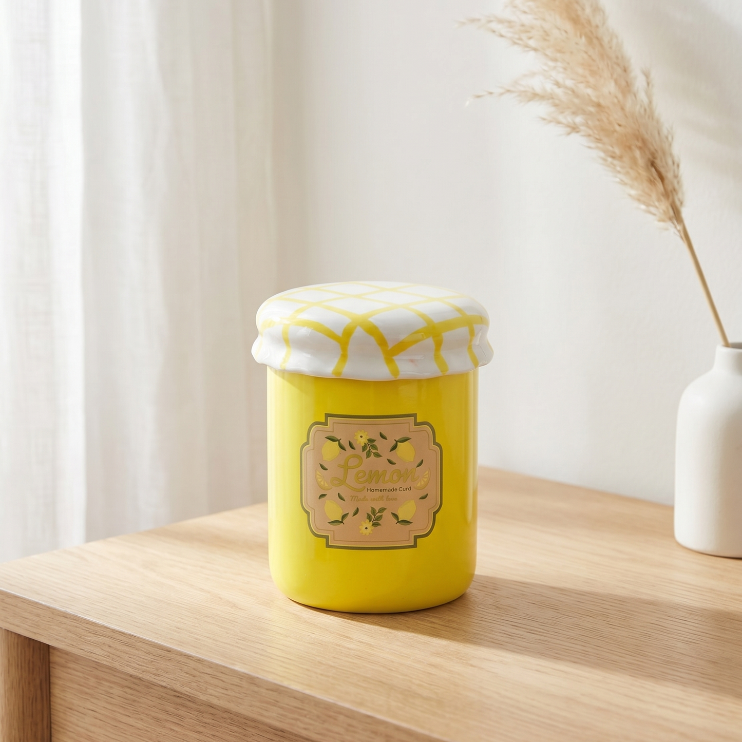 Quemador de cera de ceramica con forma de tarro de mermelada de limon ton tapa