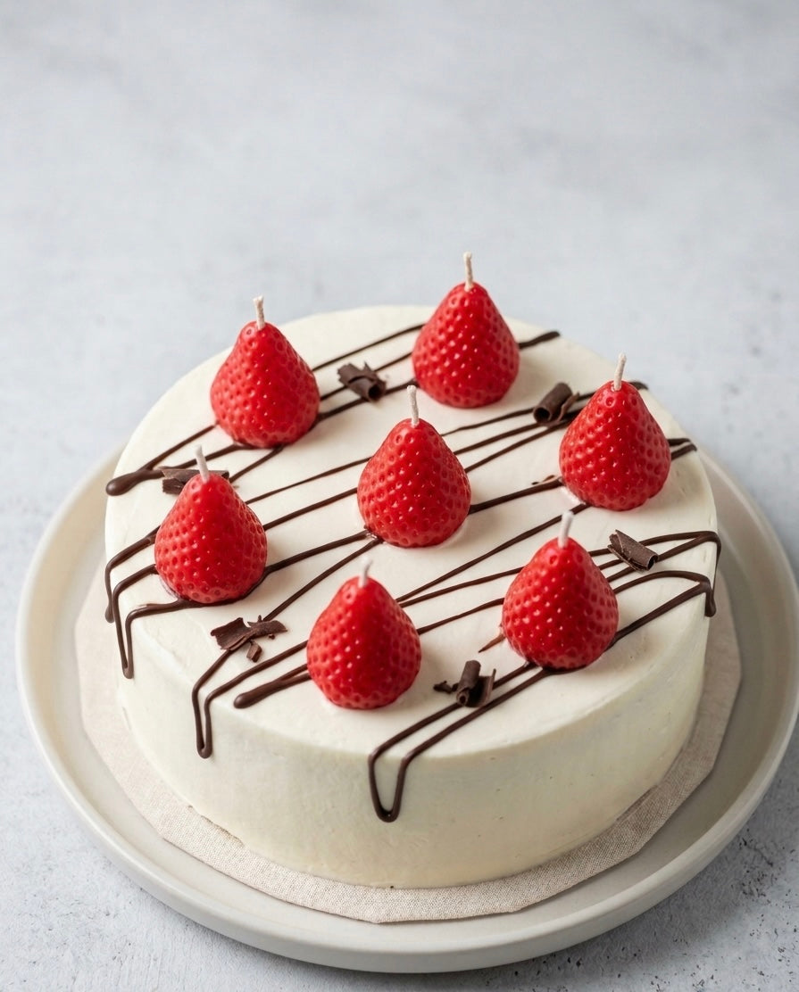Velas decorativas fresa sobre tarta blanca con topping de chocolate Eirèa
