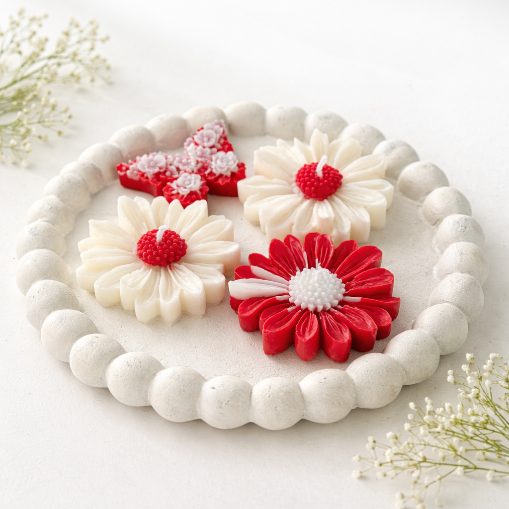 Vela decorativa PackVela decorativa Pack Primavera Eirèa de soja set margaritas y mariposa rojo y blanco detalle Primavera Eirèa de soja margaritas y mariposa colores rojo y blanco