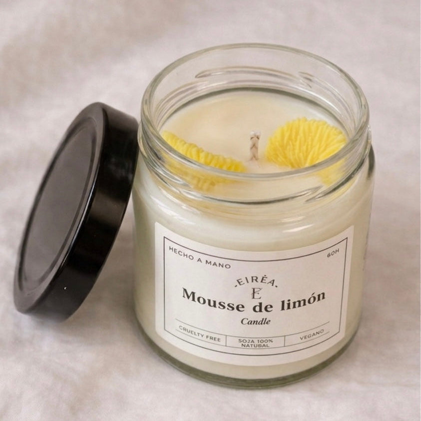 Vela aromática grande artesanal Eirèa 60 horas fragancia Mousse de Limón en tarro de cristal