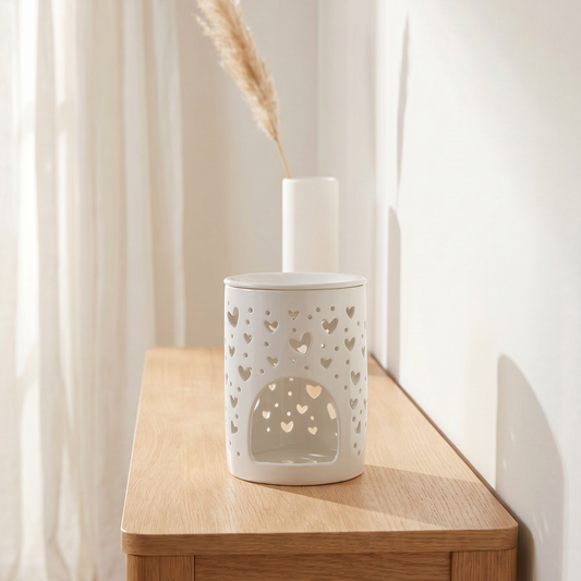 Quemador de cera de ceramica basico con huecos en forma de corazon de color blanco