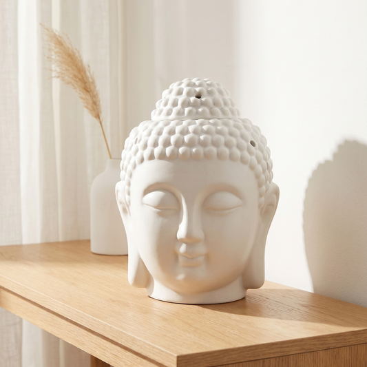 Quemador de cera de ceramica con forma de cabeza de buddha blanco