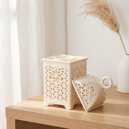 Quemador de aromas de ceramica calada con tapa y asa en forma de anilla
