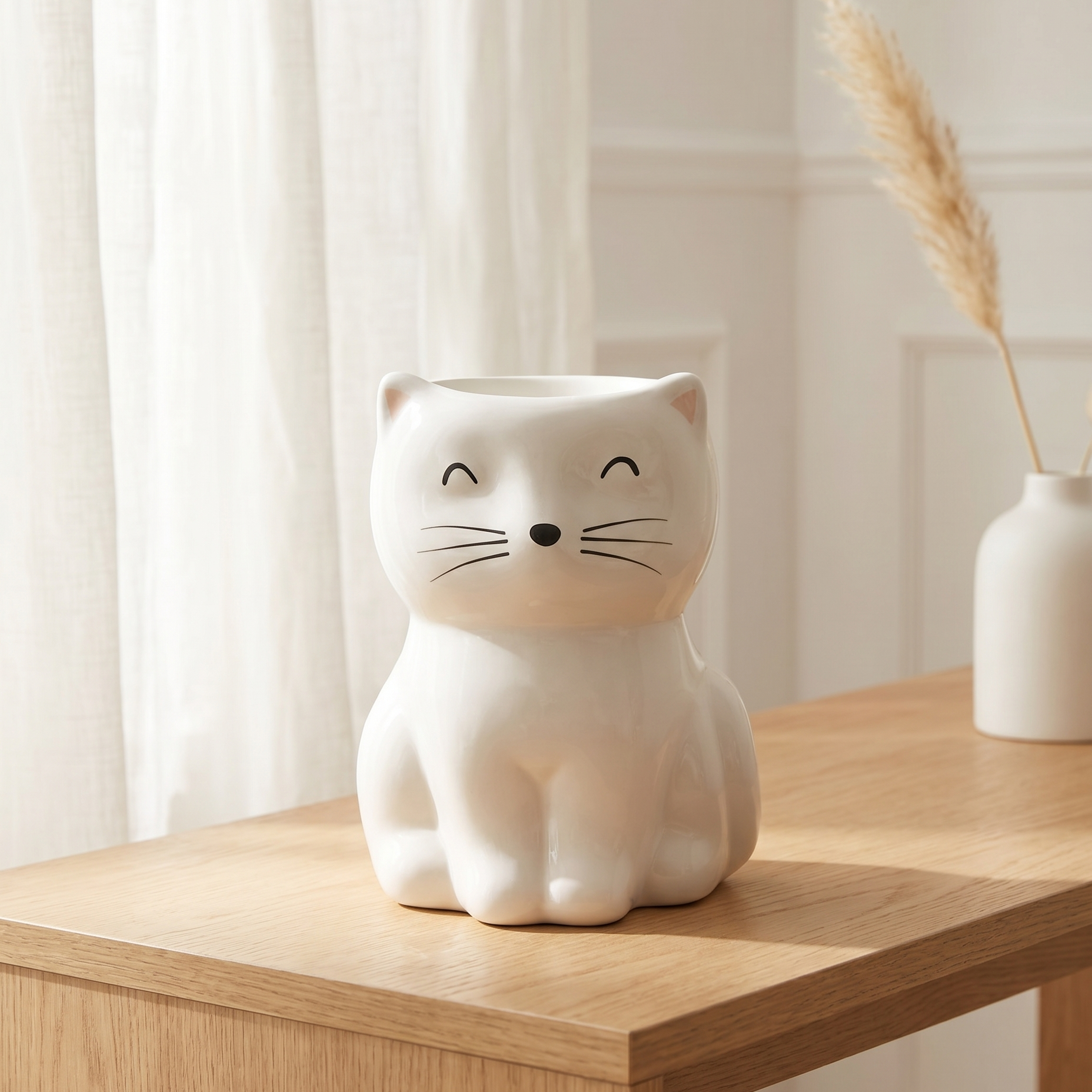 Quemador de cera de ceramica con forma de gato blanco