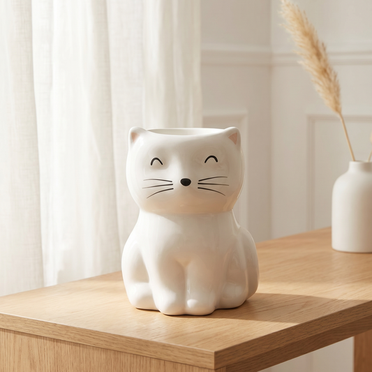 Quemador de cera de ceramica con forma de gato blanco