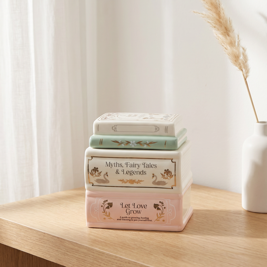 Quemador de cera de ceramica con forma de libros en colores pastel cozy