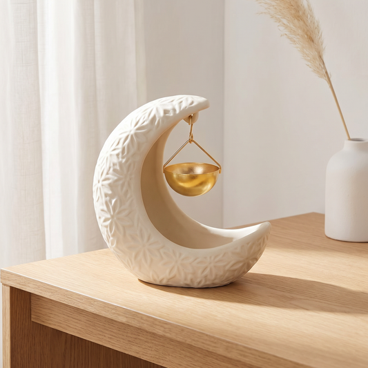 Quemador de cera de ceramica con forma de luna blanca y deposito dorado metalico