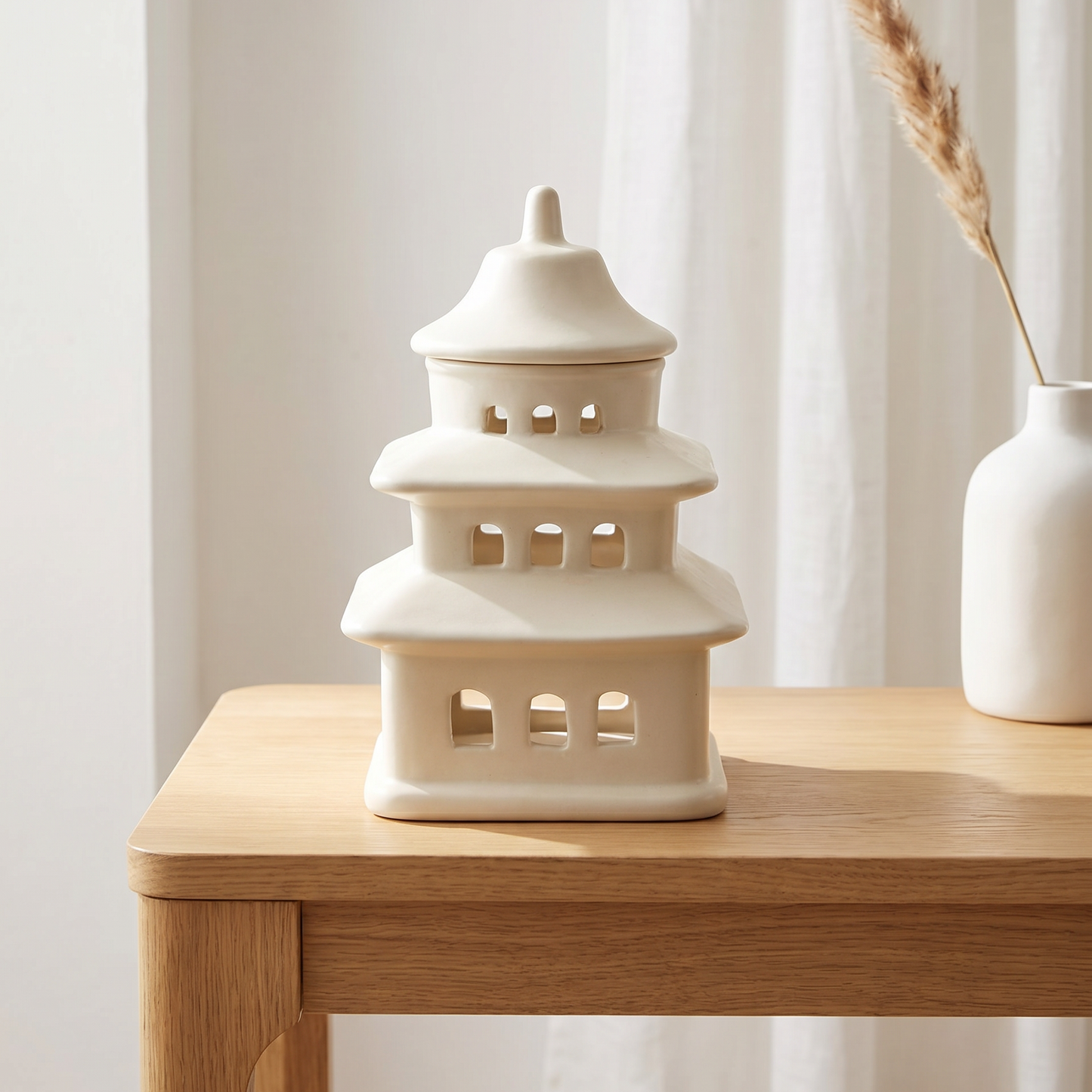 Quemador de cera de ceramica con forma de pagoda japonesa con tapa