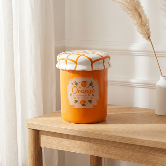 Quemador de cera de ceramica con forma de tarro de mermelada de naranja con tapa
