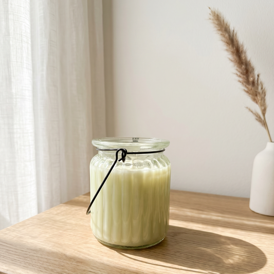 Vela farolillo aromatico citronela en tarro de cristal elaborada a mano pieza a pieza